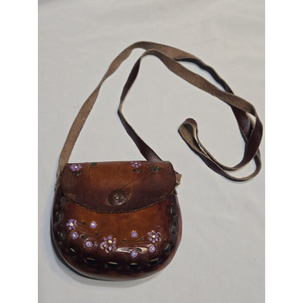 Vtg 60s~70s Tooled Leather Saddle Shoulder Bag Hippie Painted Floral Boho Purse
